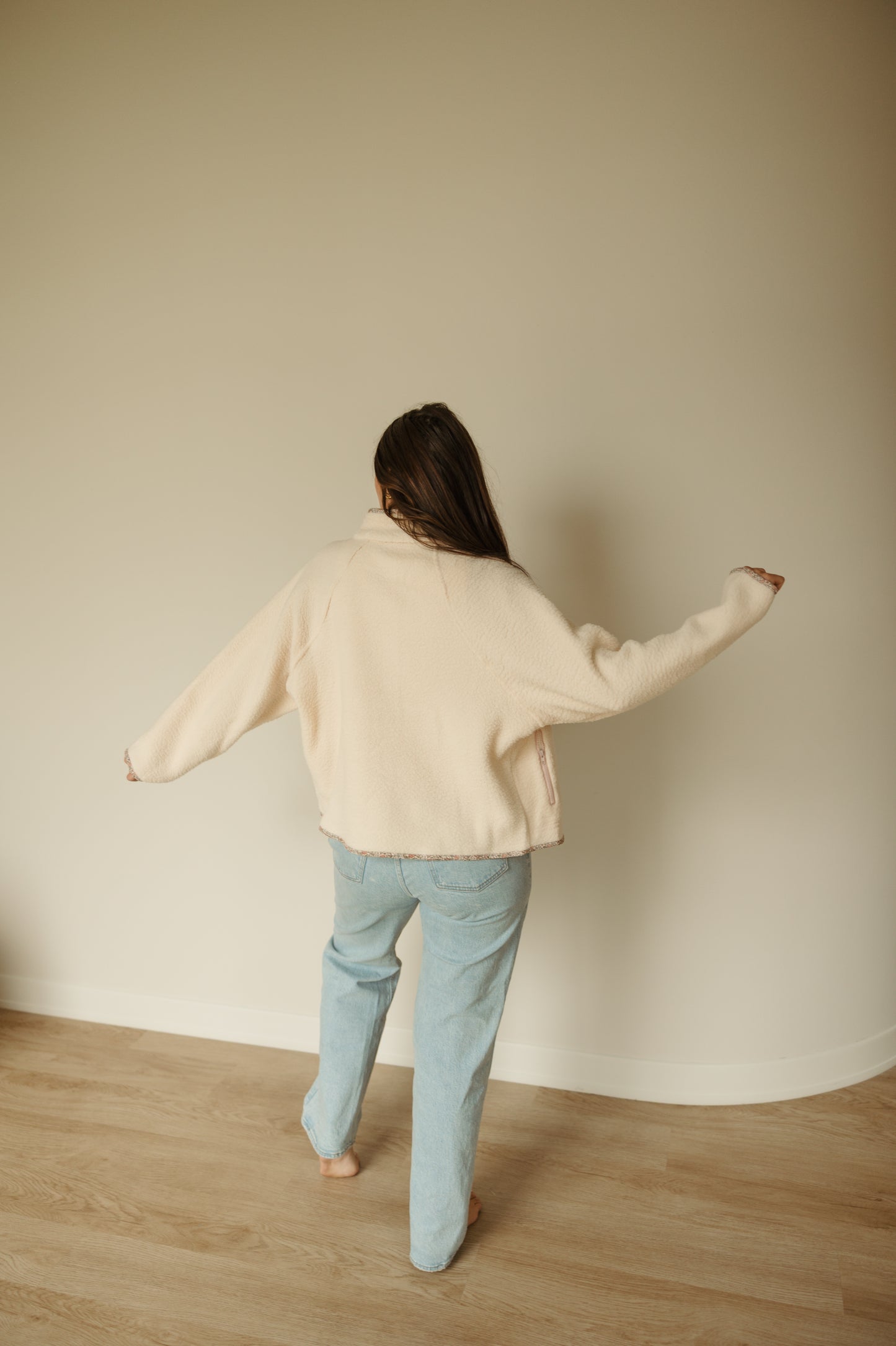 Pink Floral Trim Sherpa Jacket