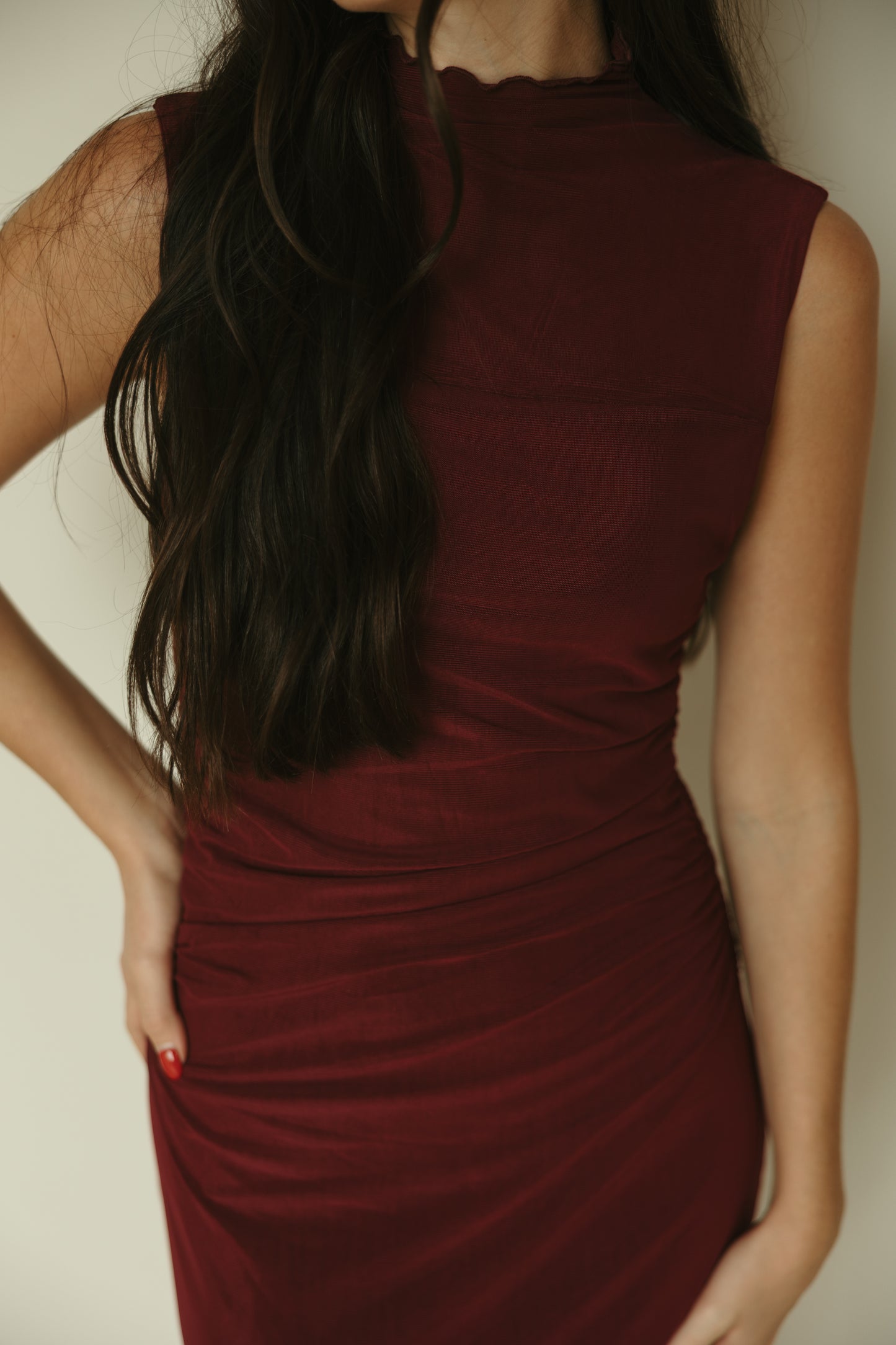 Ruched Mesh Midi Dress in Wine