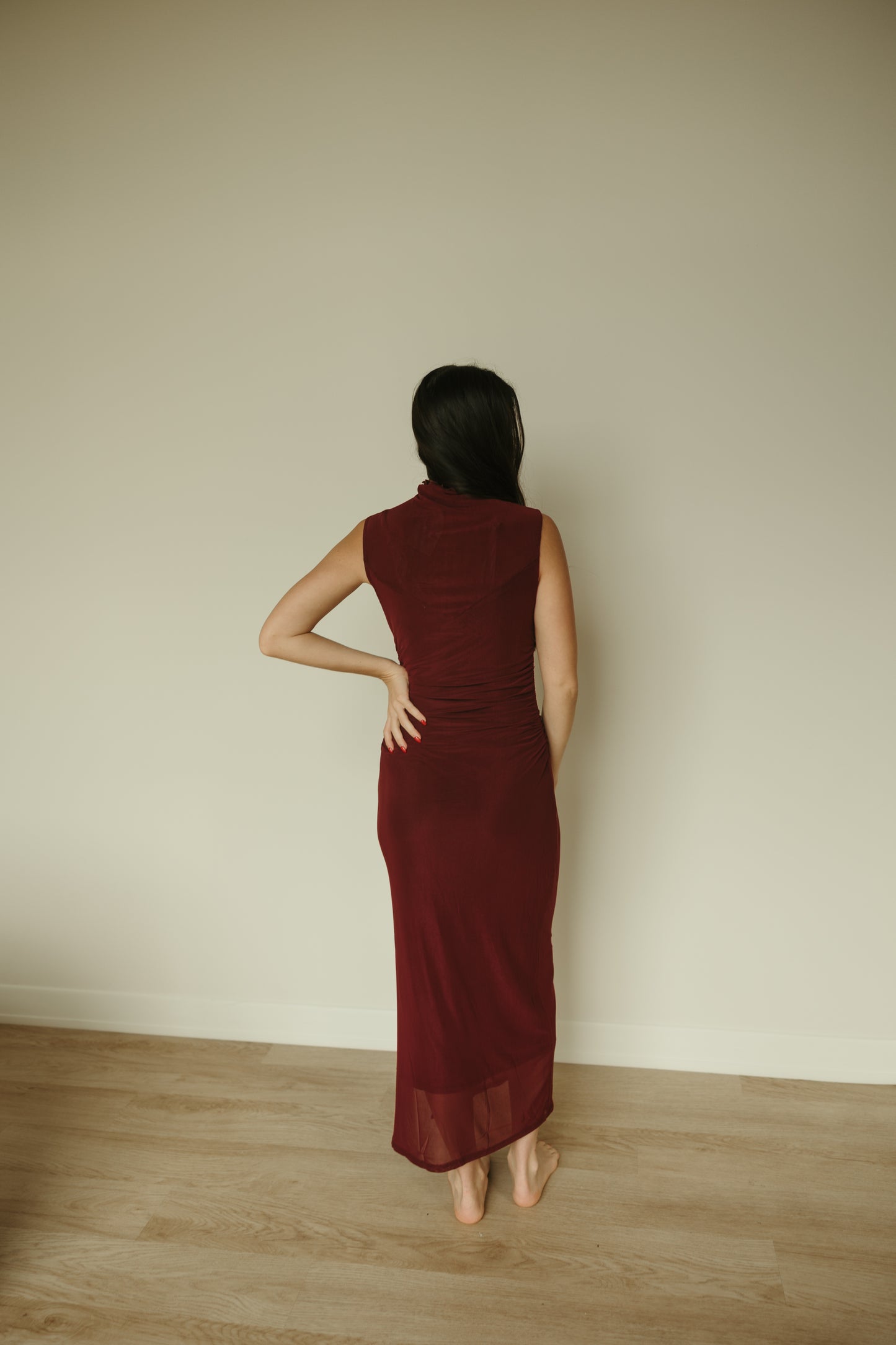 Ruched Mesh Midi Dress in Wine