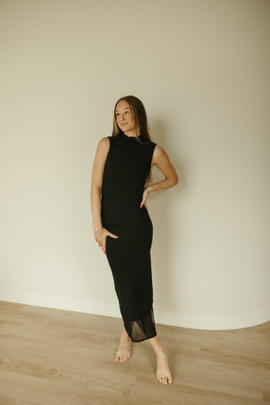 Ruched Mesh Midi Dress in Black
