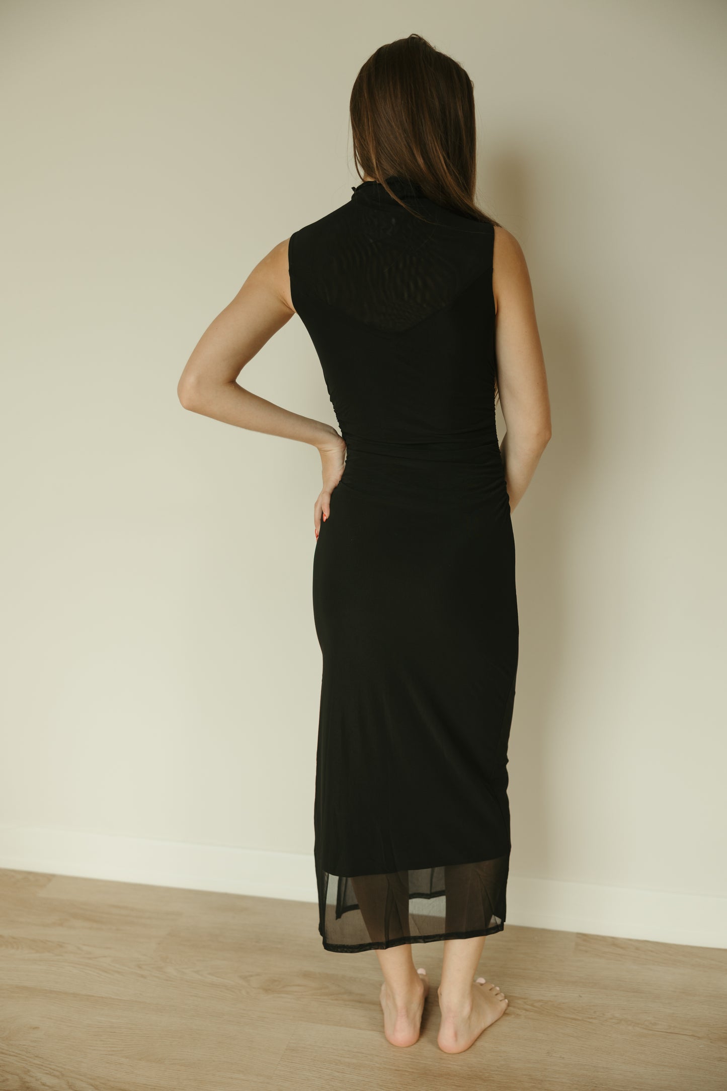 Ruched Mesh Midi Dress in Black