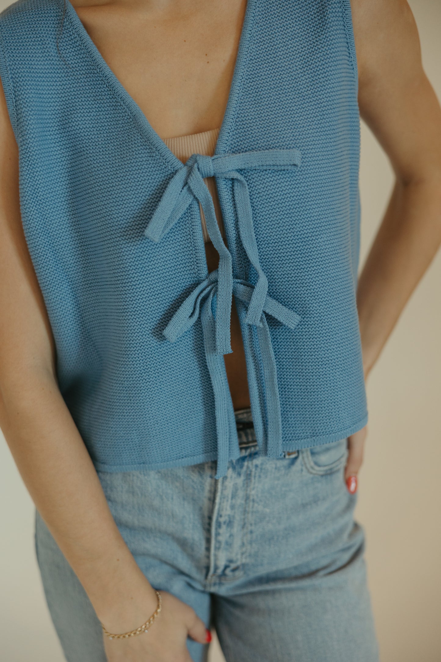 Blue Tie Front Knit Top