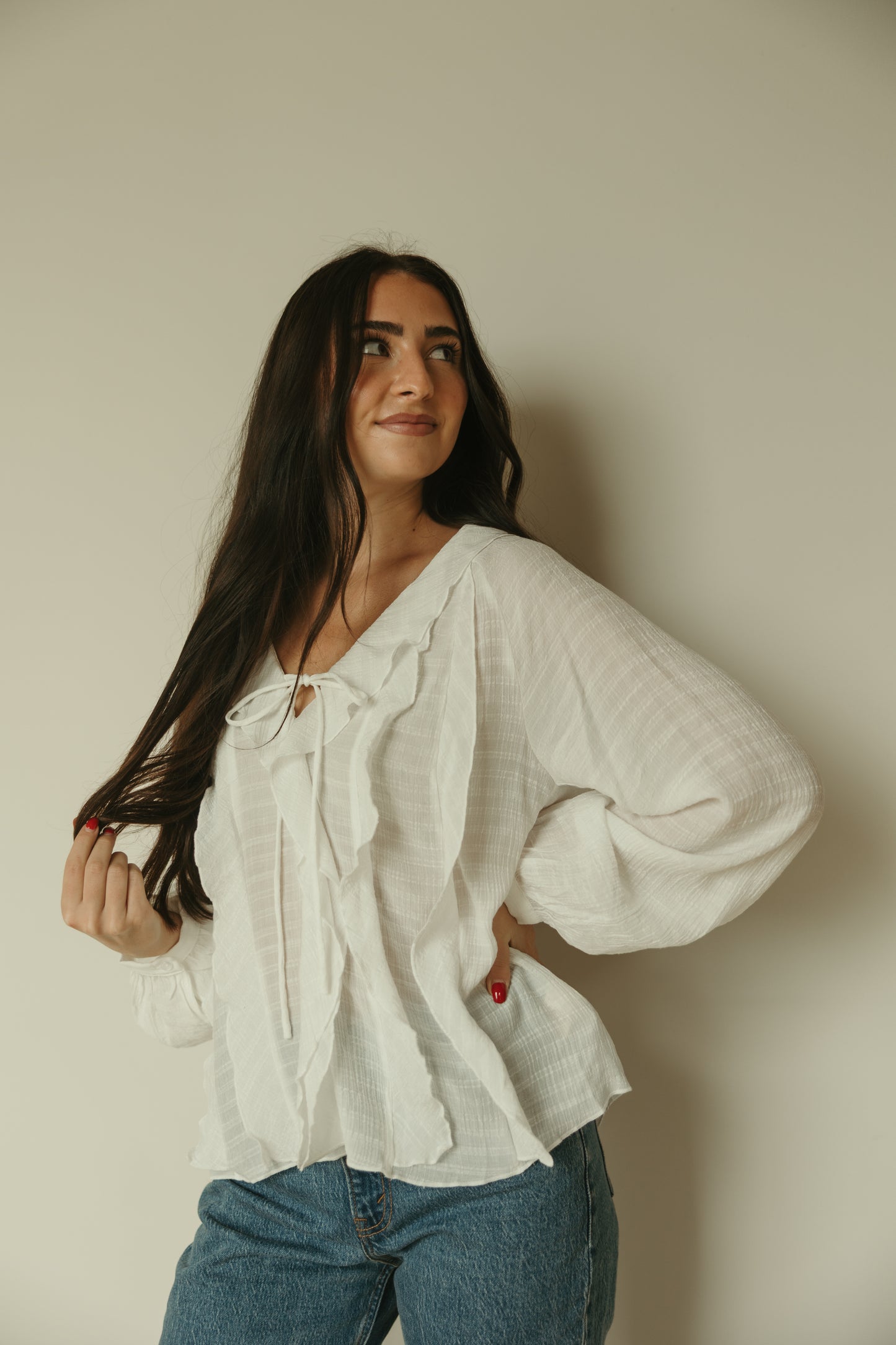 White Ruffle Long Sleeve Blouse