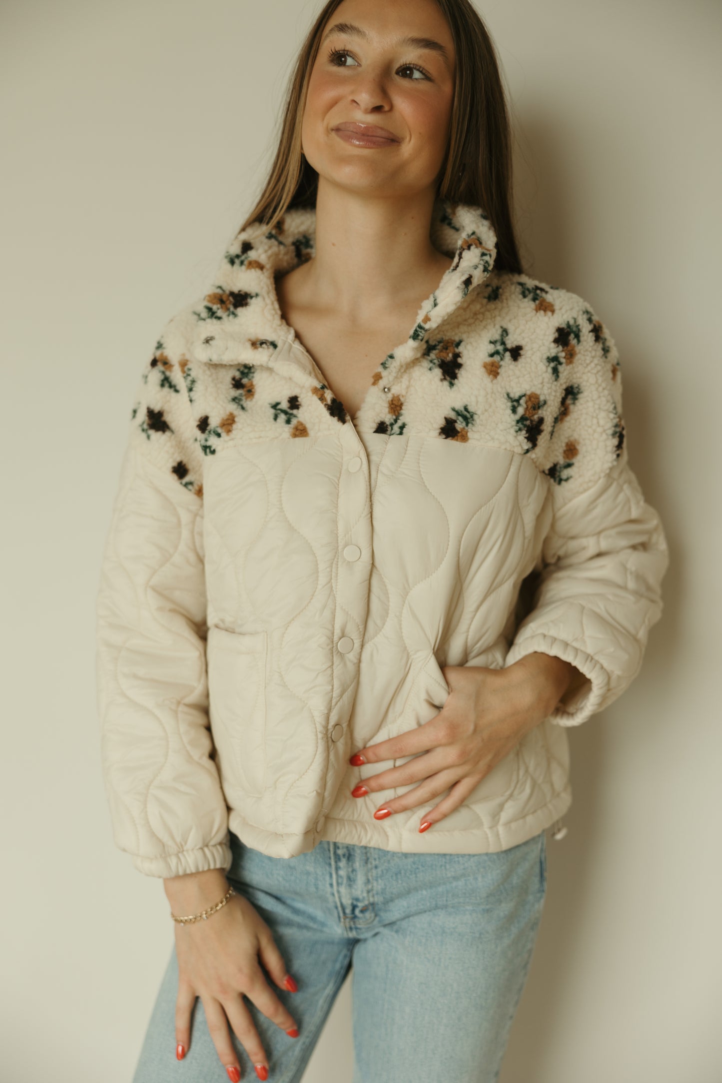 Khaki Floral Quilted Fleece Jacket