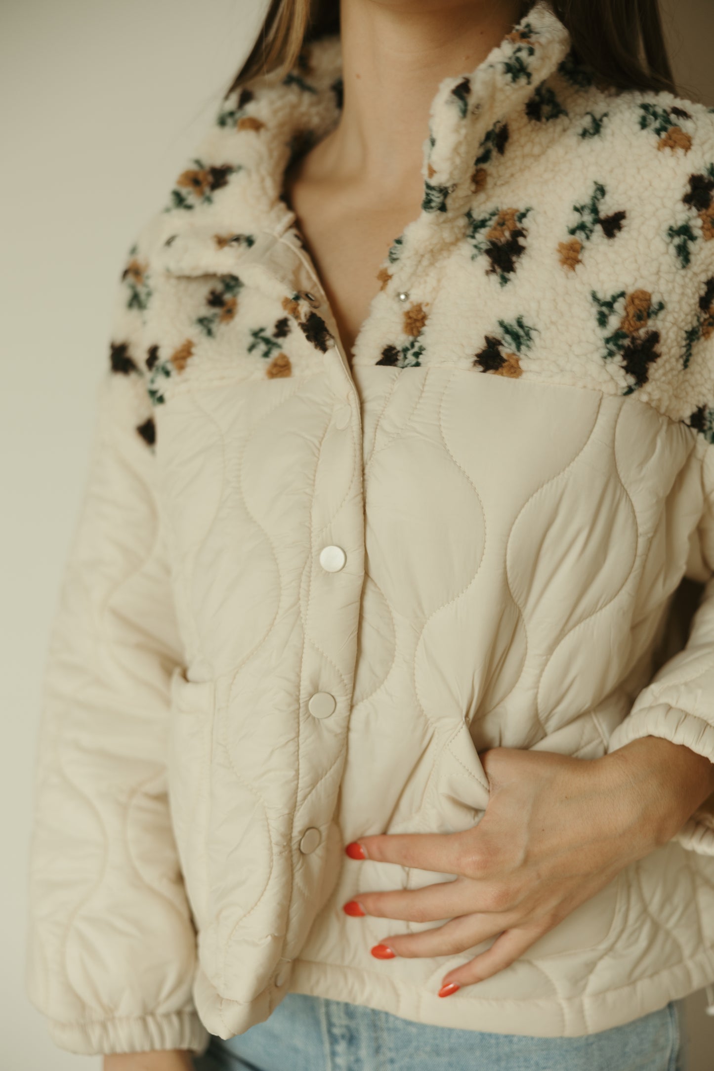 Khaki Floral Quilted Fleece Jacket