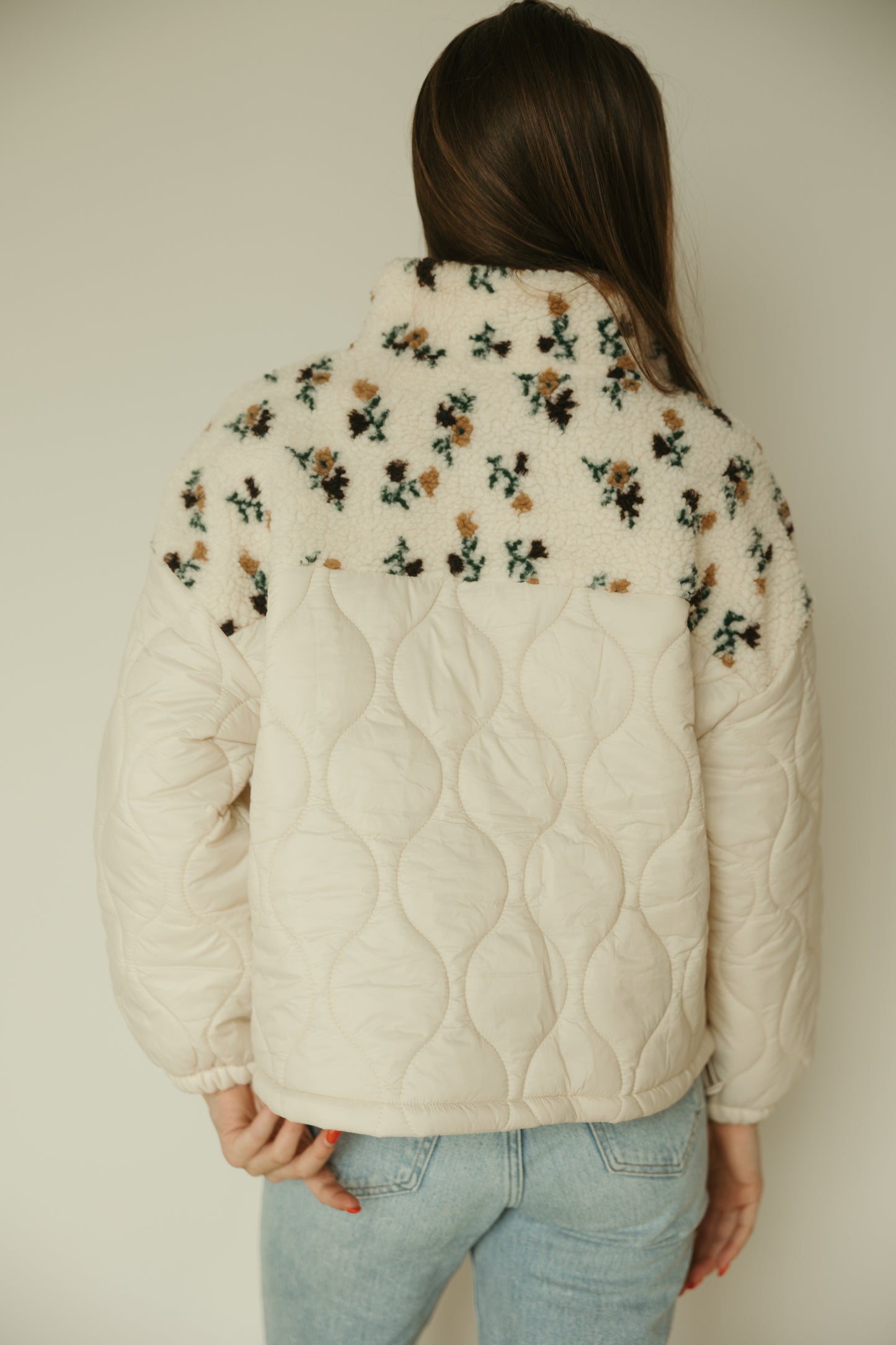 Khaki Floral Quilted Fleece Jacket