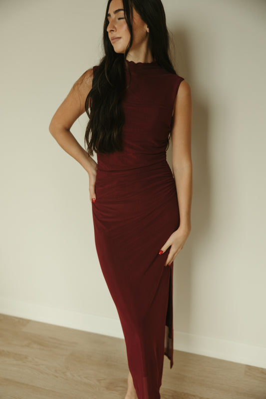 Ruched Mesh Midi Dress in Wine