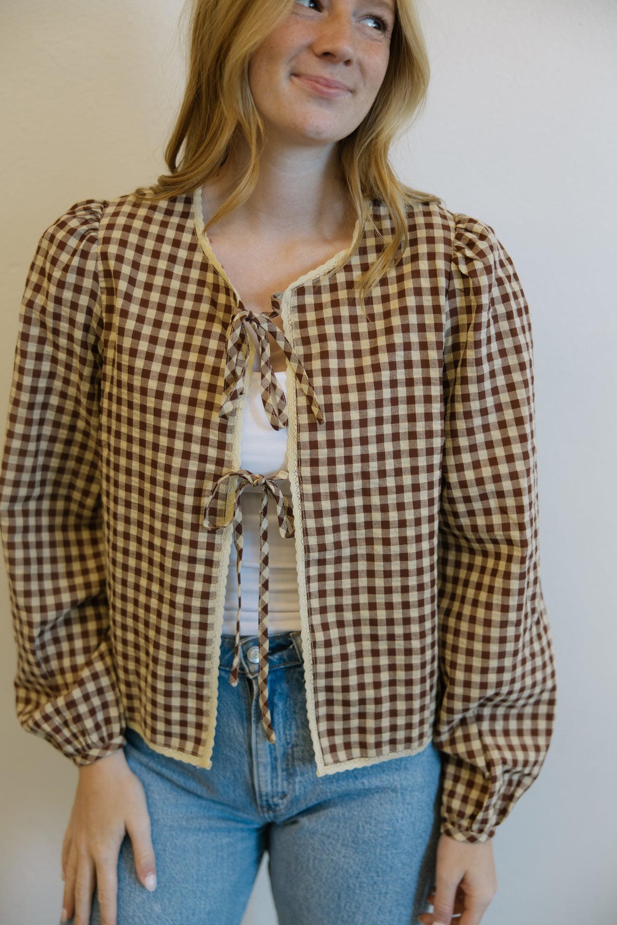 Brown Gingham Tie Front Blouse