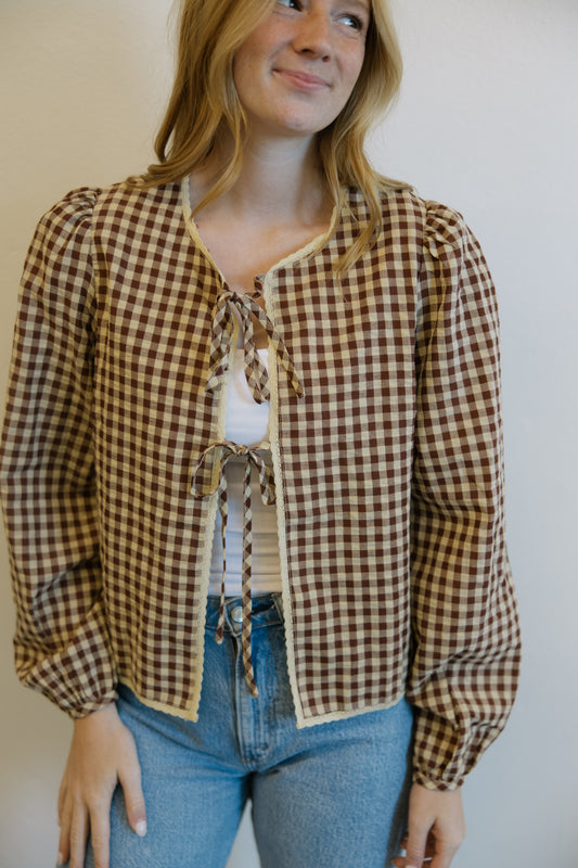 Brown Gingham Tie Front Blouse