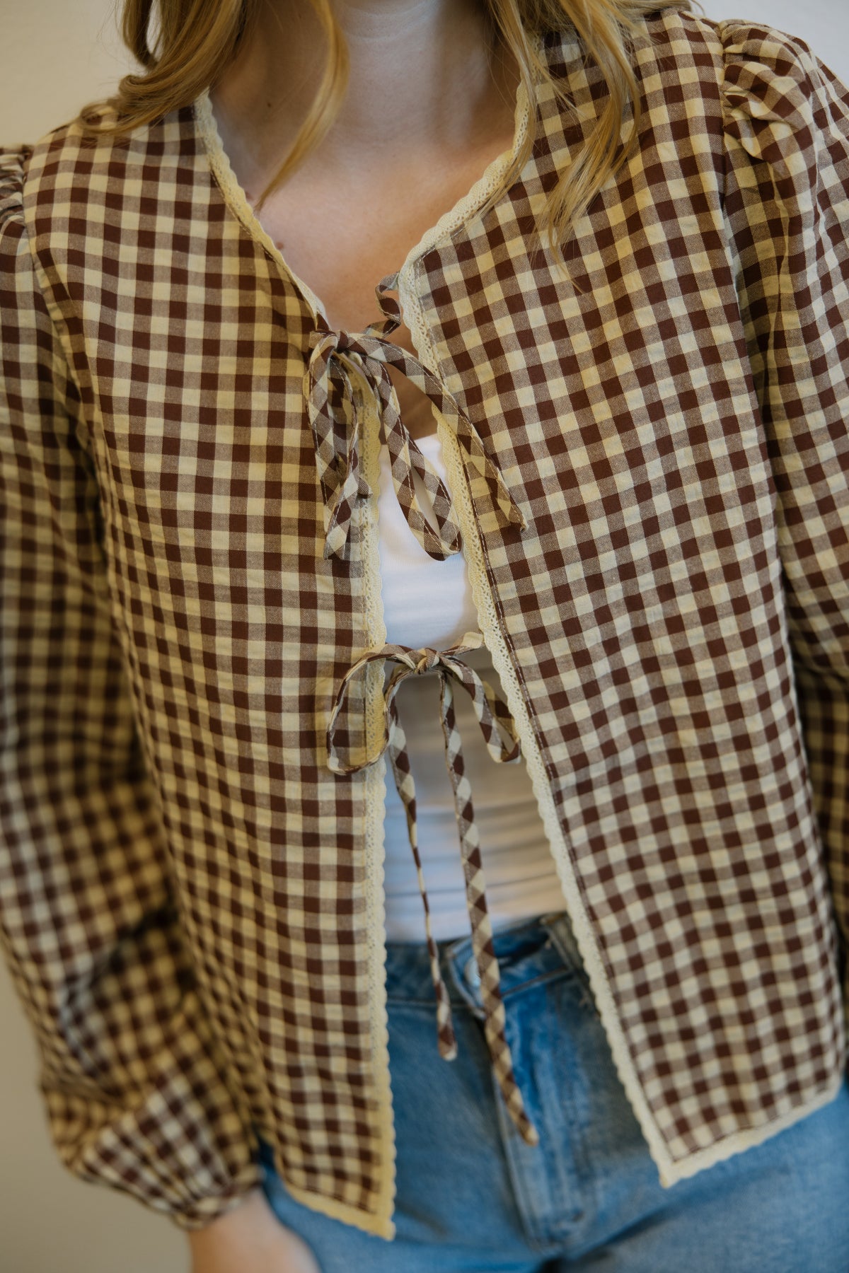 Brown Gingham Tie Front Blouse
