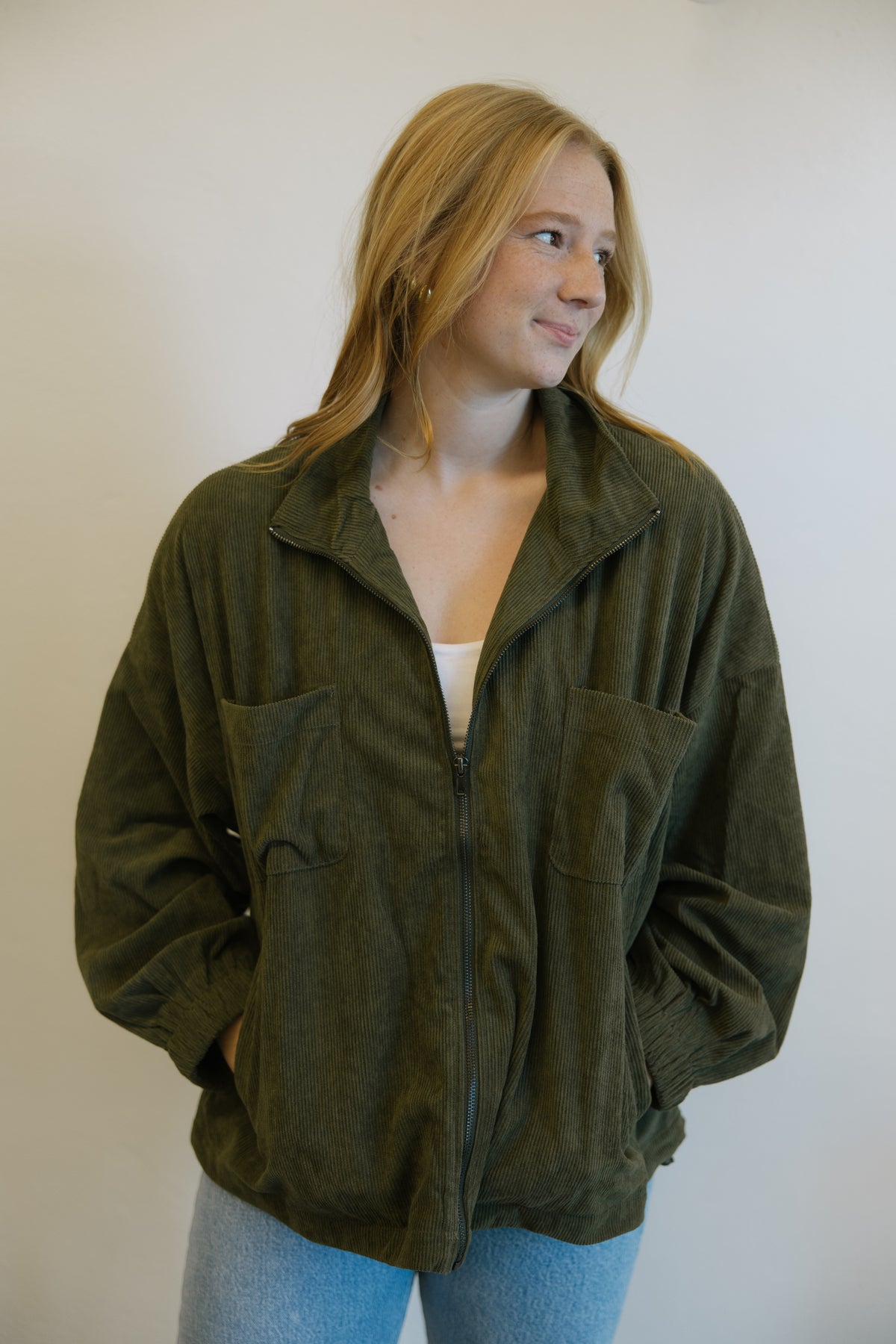 Olive Corduroy Zipper Jacket