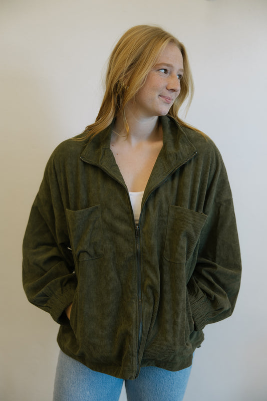 Olive Corduroy Zipper Jacket