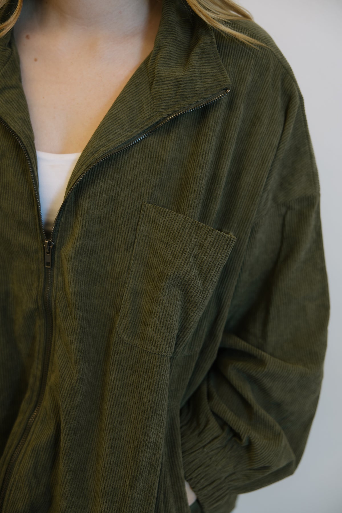 Olive Corduroy Zipper Jacket