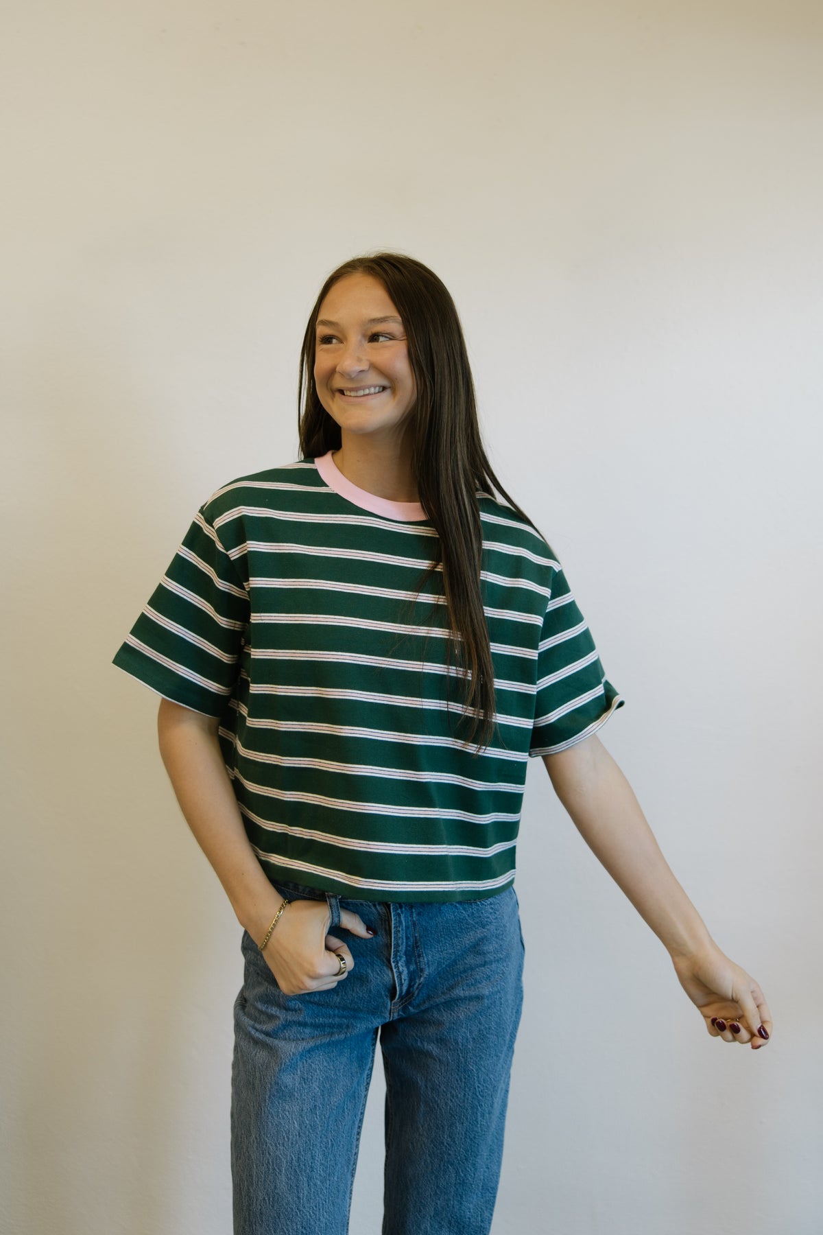Green & Pink Stripe Boxy Crop