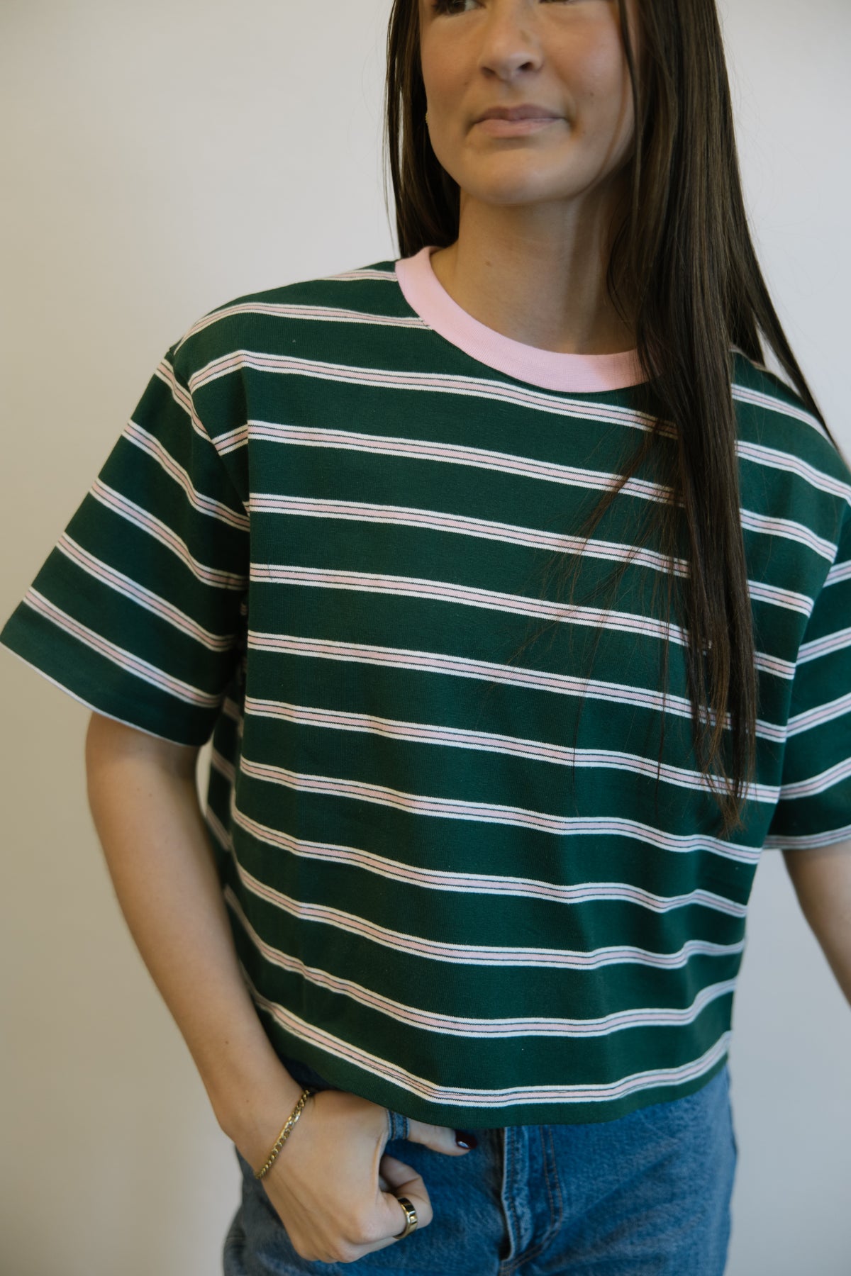Green & Pink Stripe Boxy Crop