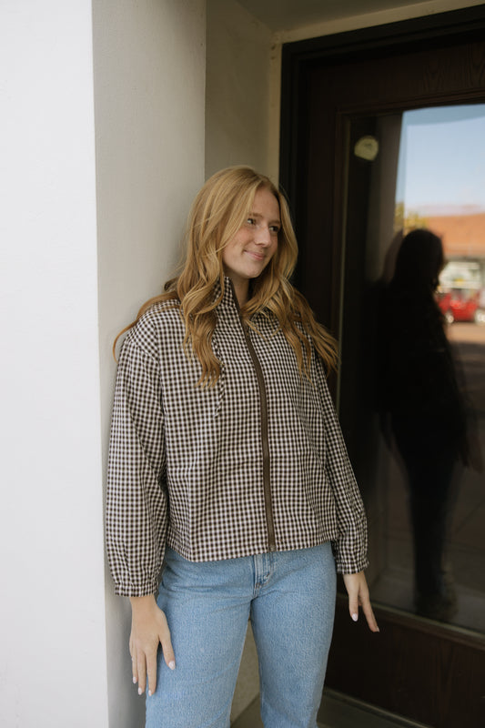 Brown Gingham Hooded Windbreaker