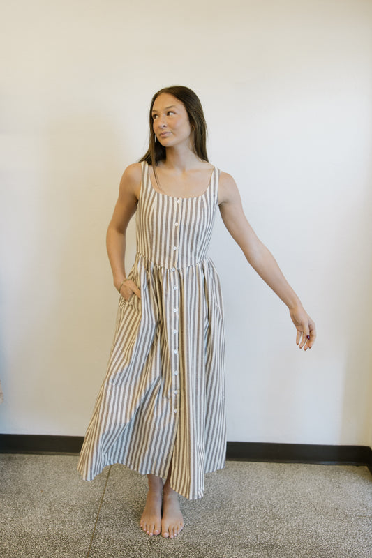 Brown Stripe Button Down Dress