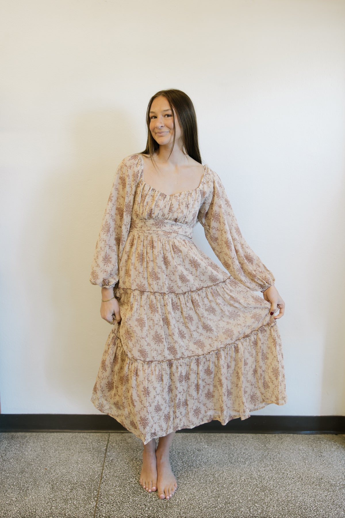 Chiffon Floral Bubble Sleeve Maxi Dress