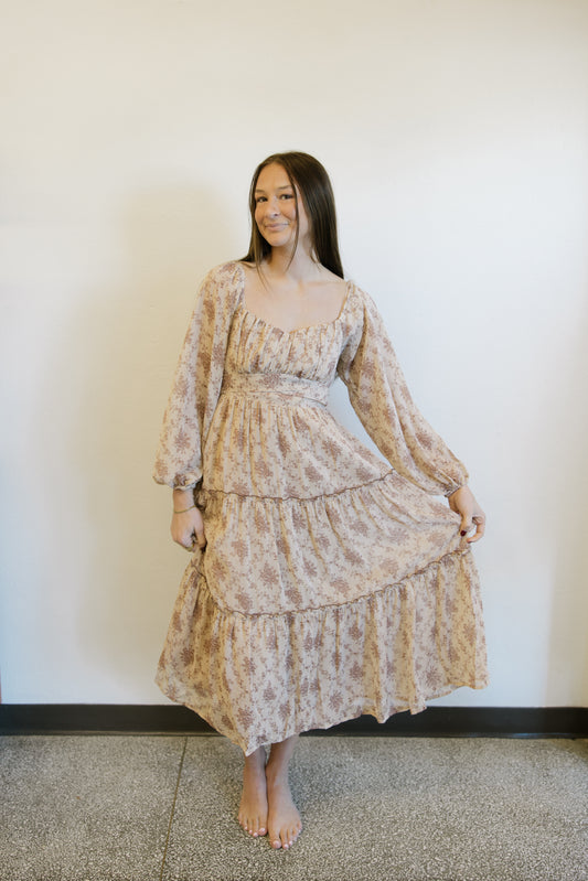 Chiffon Floral Bubble Sleeve Maxi Dress