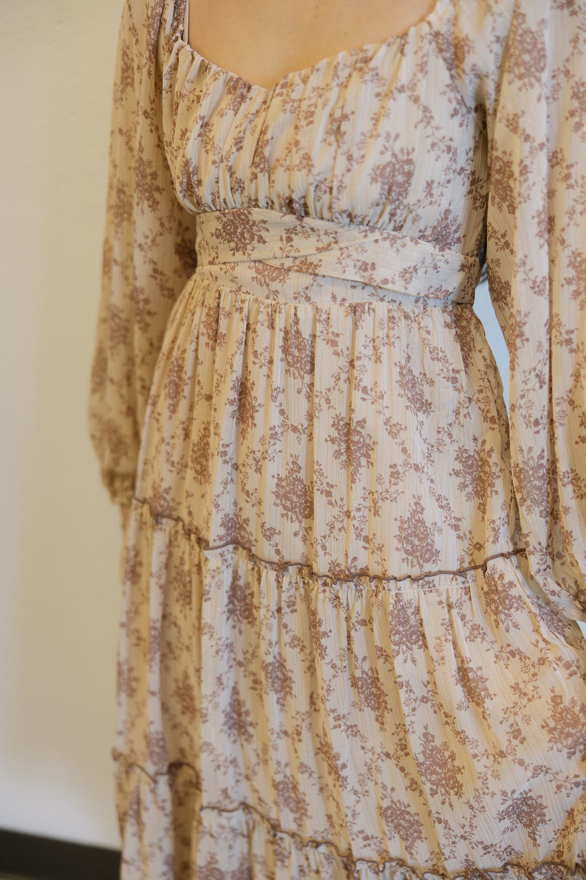 Chiffon Floral Bubble Sleeve Maxi Dress