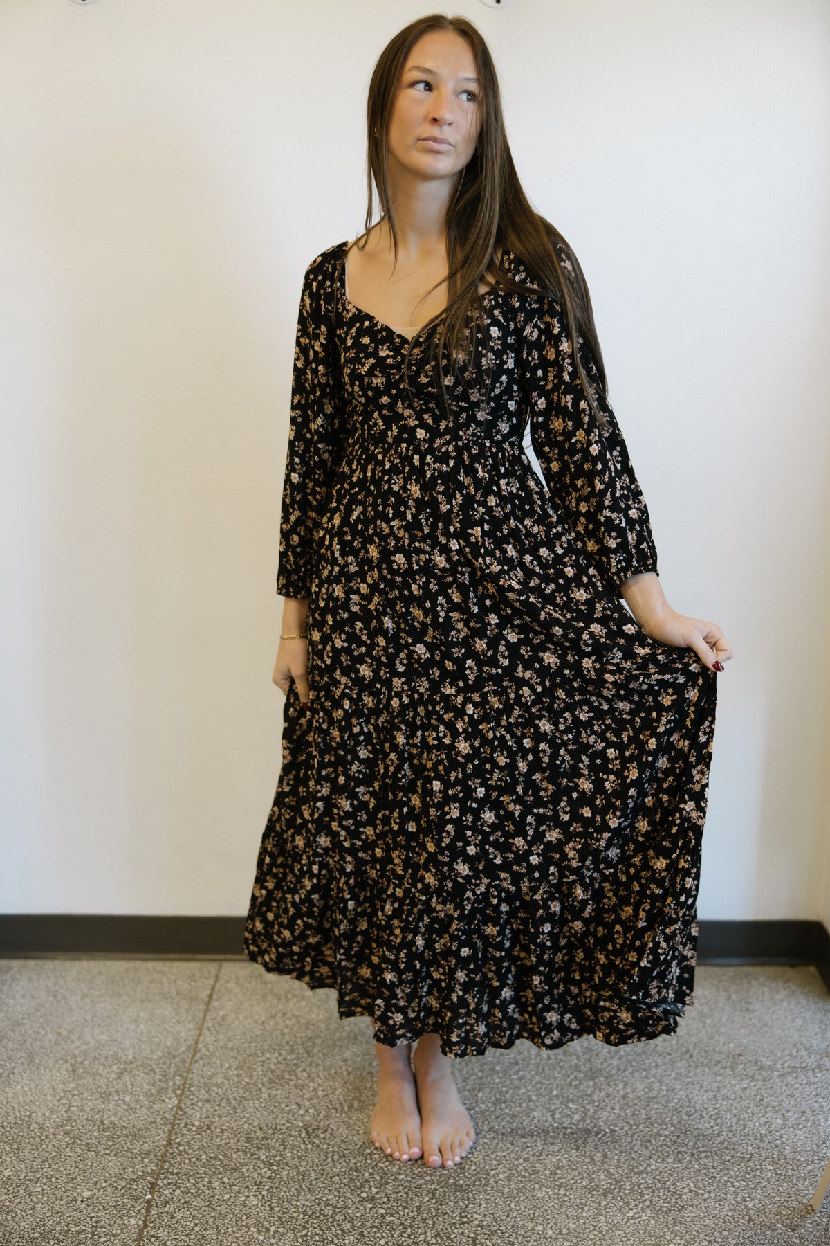 Black Floral Long Sleeve Maxi Dress