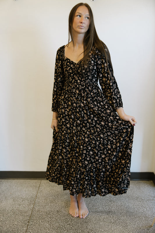 Black Floral Long Sleeve Maxi Dress