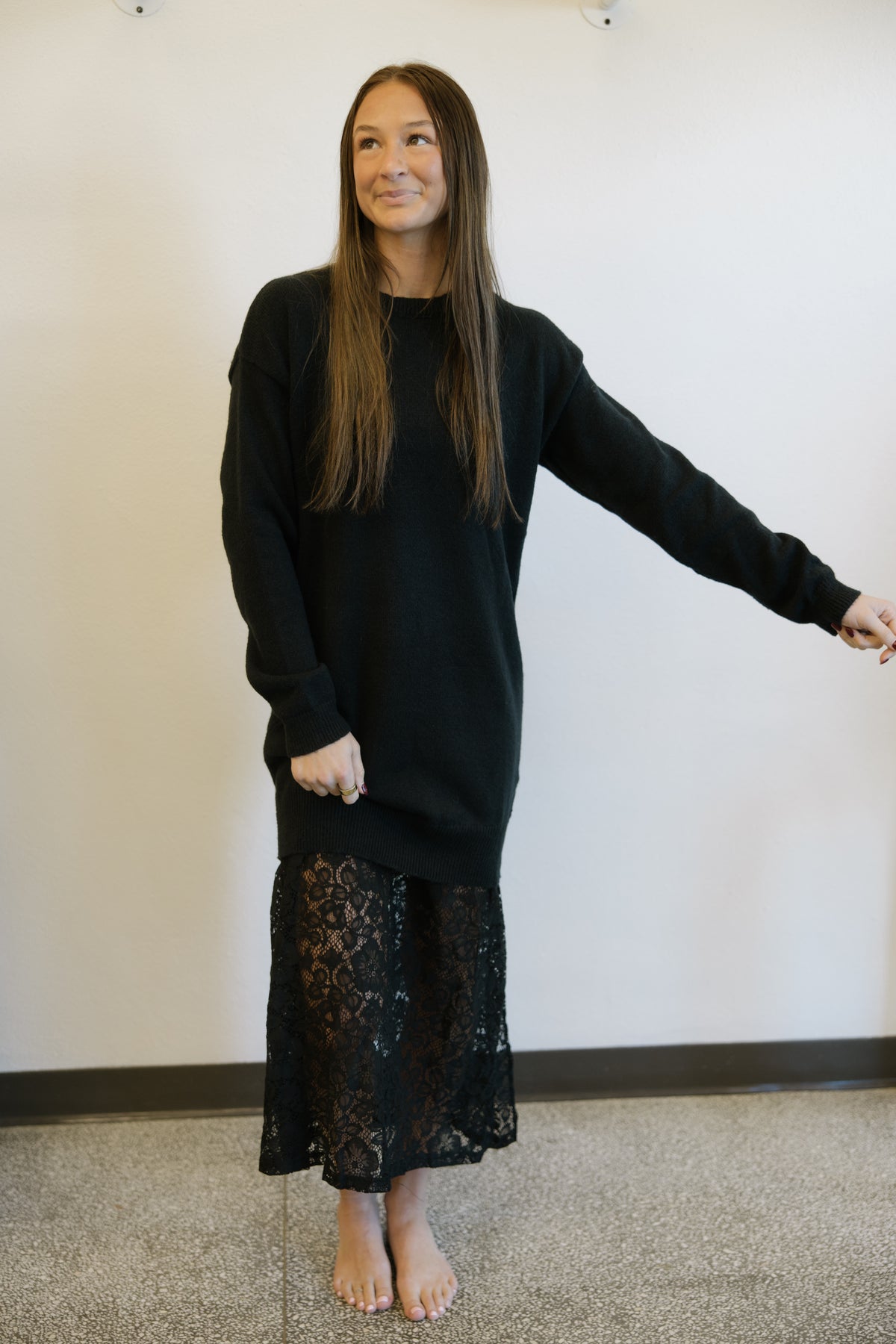 Black Lace Detail Sweater Dress