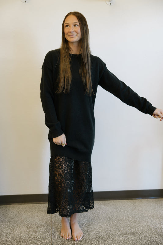 Black Lace Detail Sweater Dress