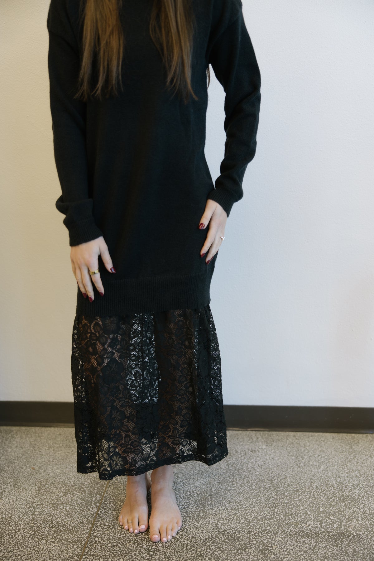 Black Lace Detail Sweater Dress