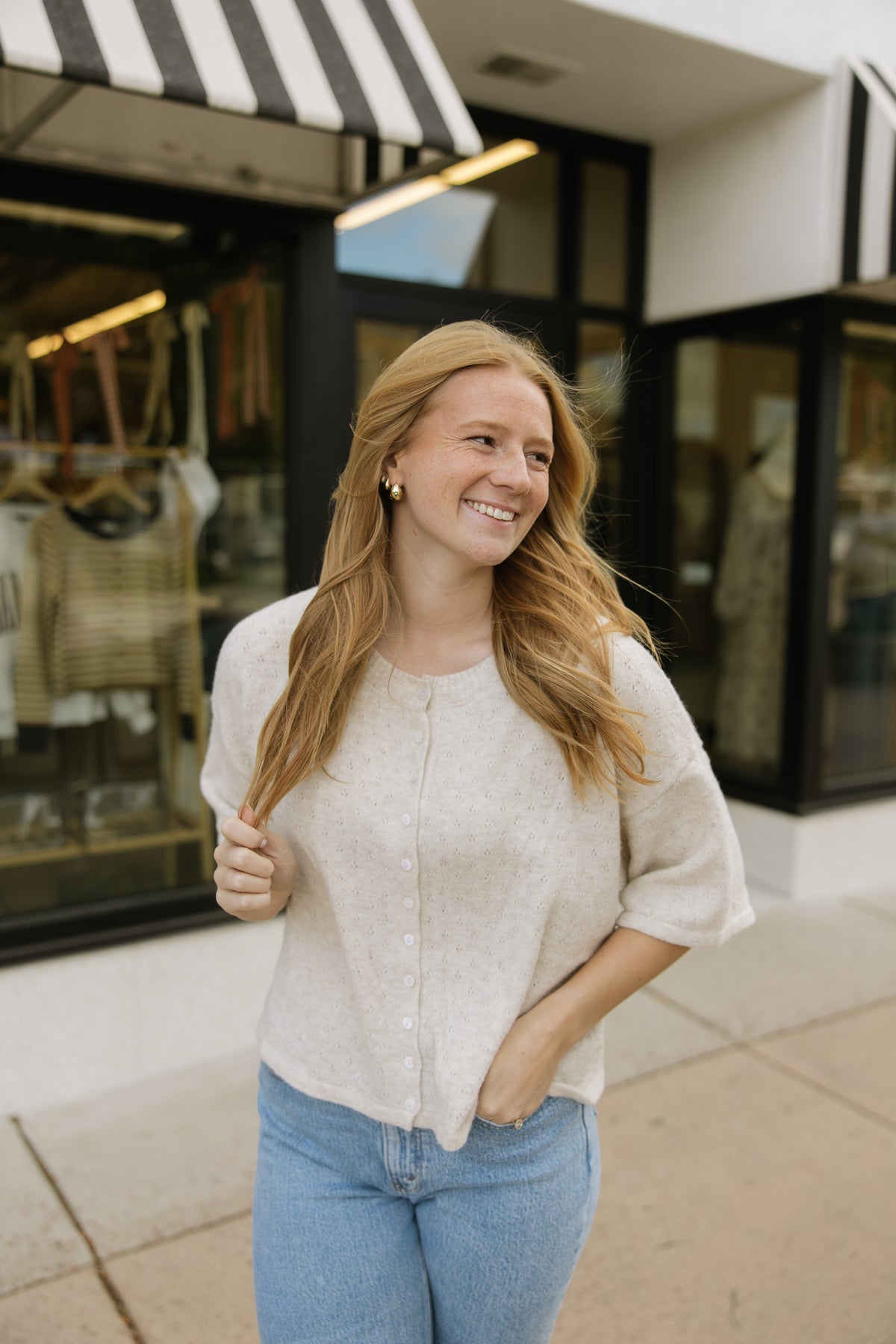 Oatmeal Short Sleeve Pointelle Cardigan