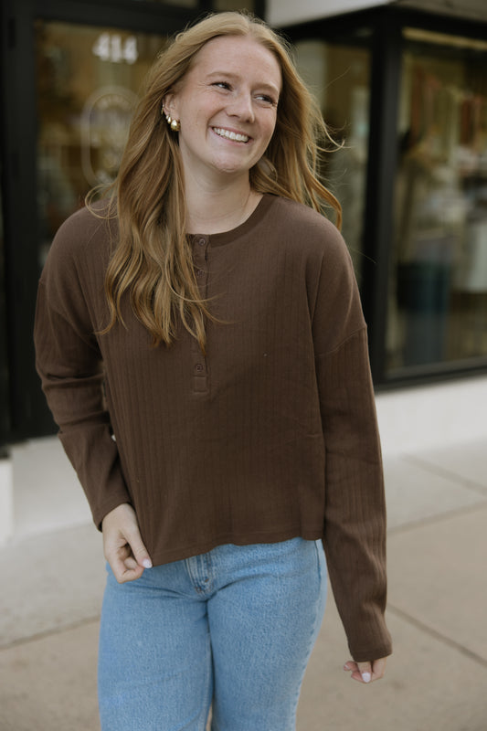 Brown Pointelle Henley Top