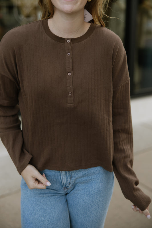 Brown Pointelle Henley Top