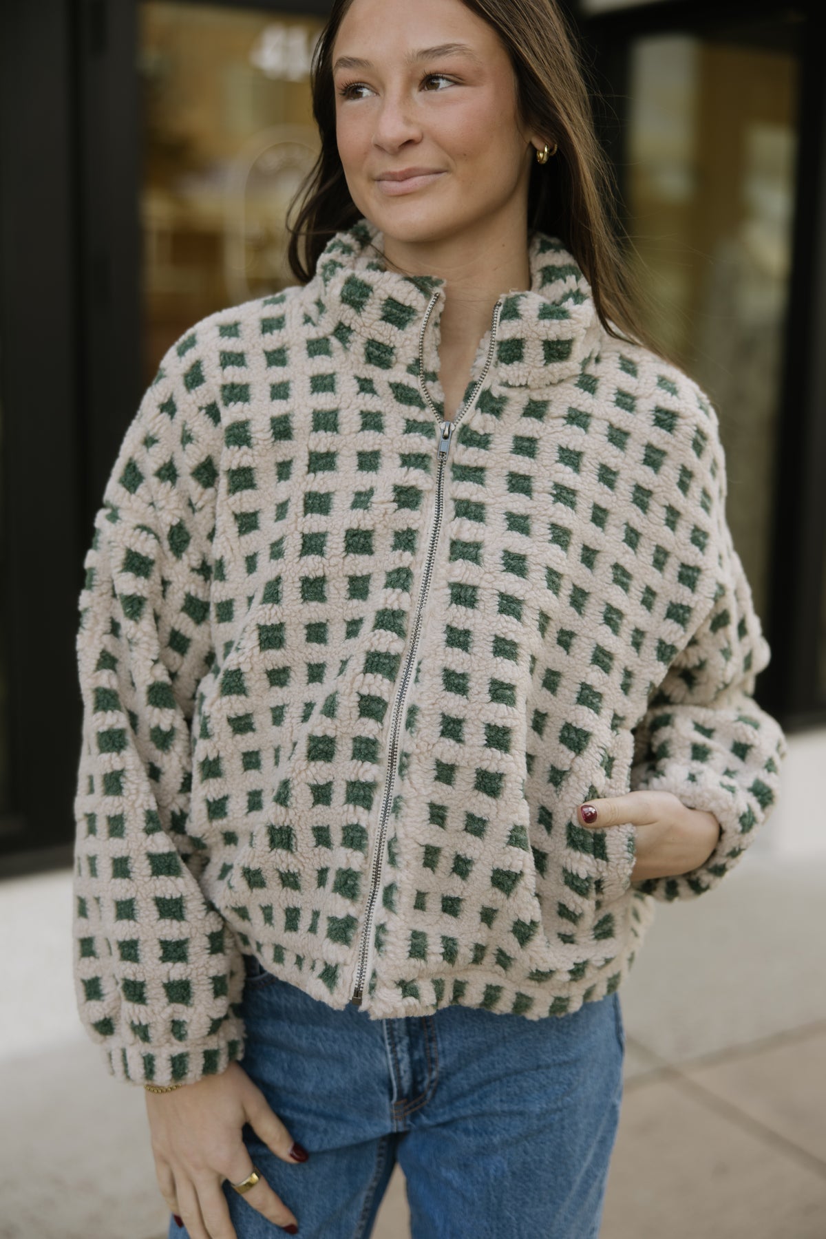 Taupe Checkered Fuzzy Jacket
