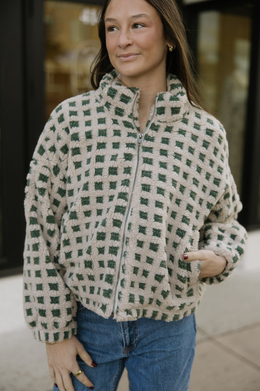 Taupe Checkered Fuzzy Jacket