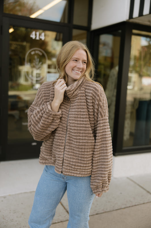 Mocha Stripe Fuzzy Jacket