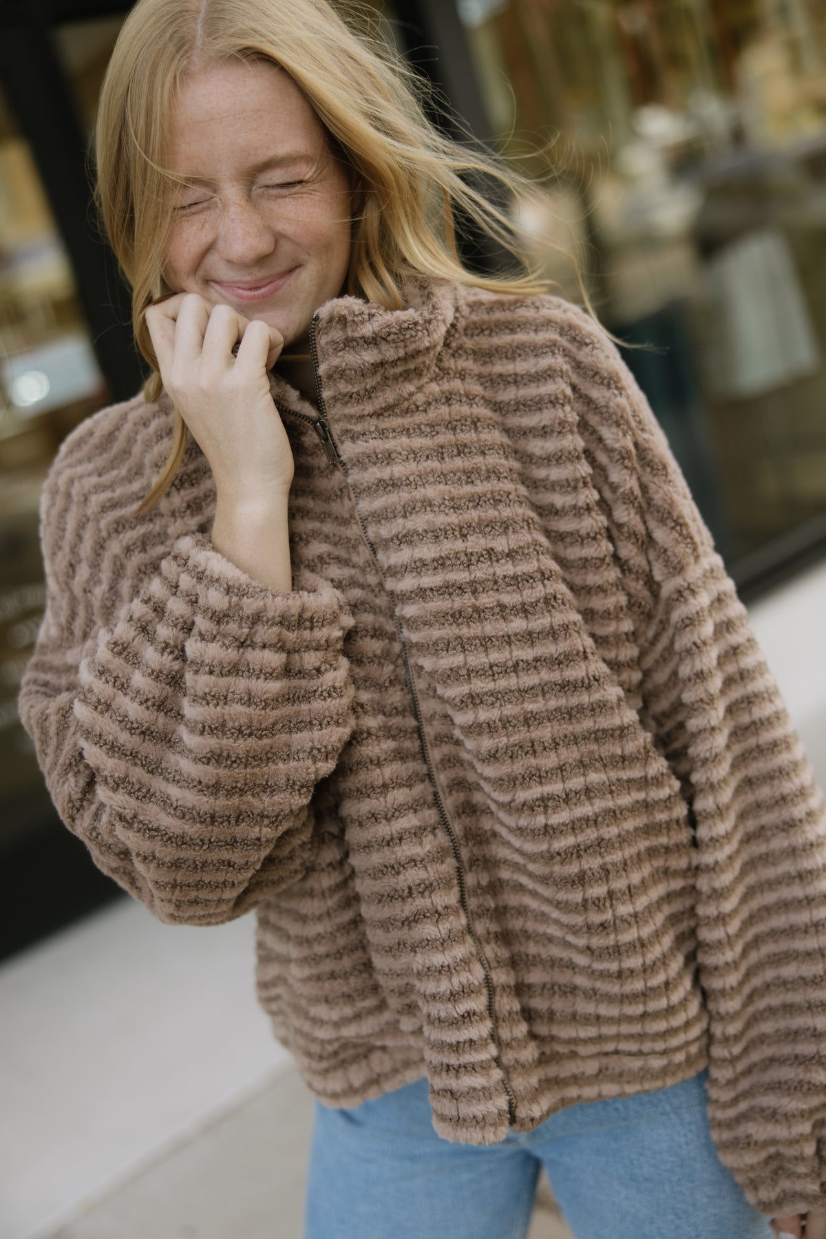 Mocha Stripe Fuzzy Jacket