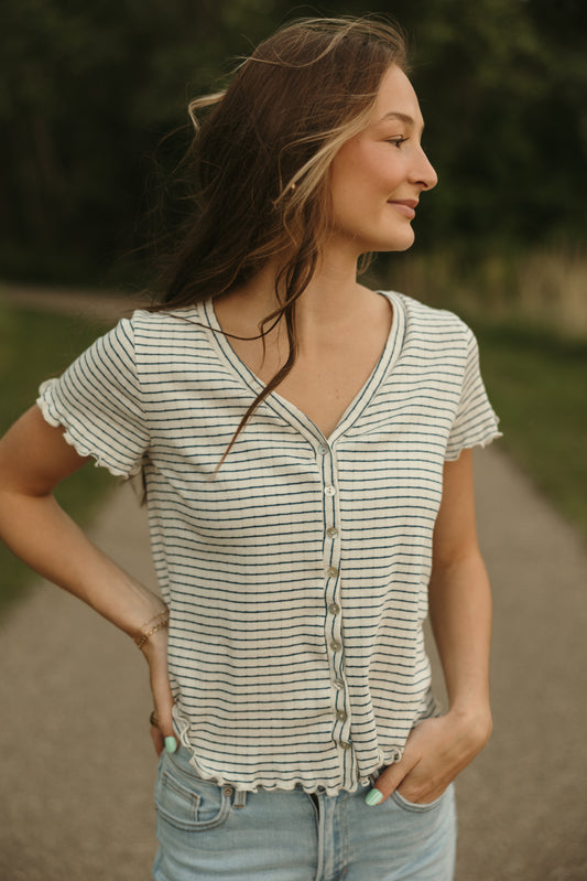 Navy Stripe Button Down Top