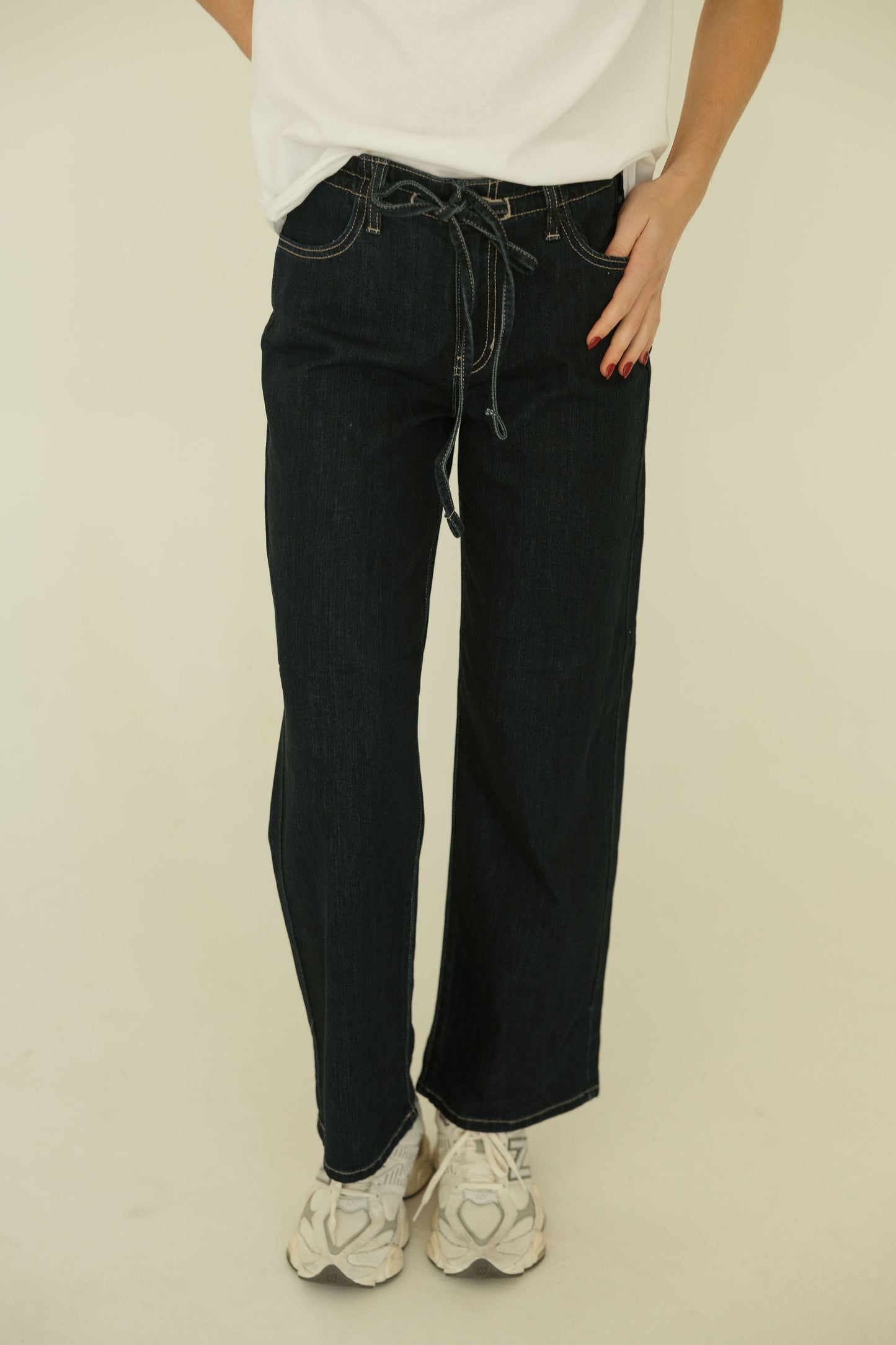 Drawstring Dark Denim Wide Leg Jeans