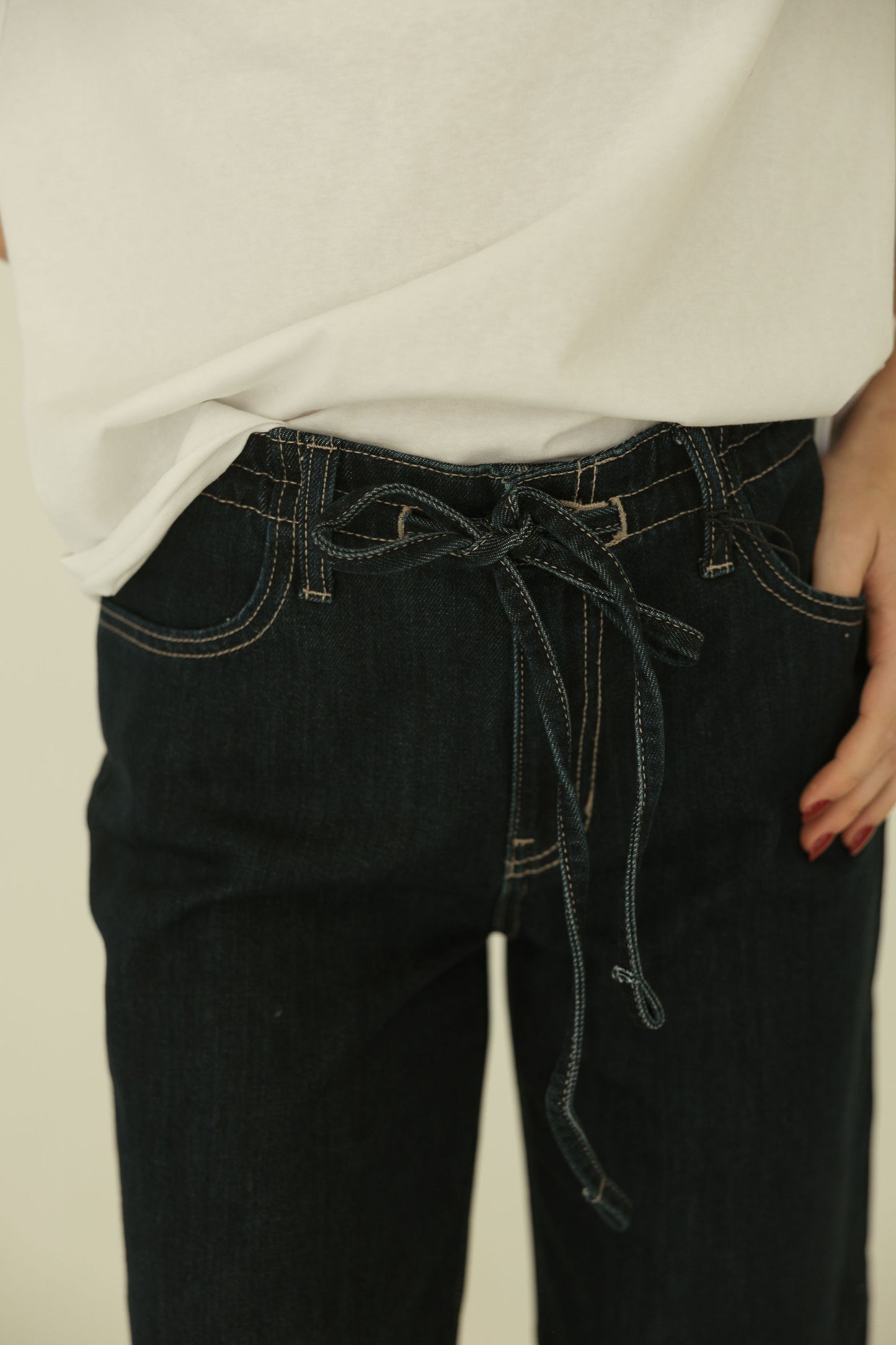 Drawstring Dark Denim Wide Leg Jeans