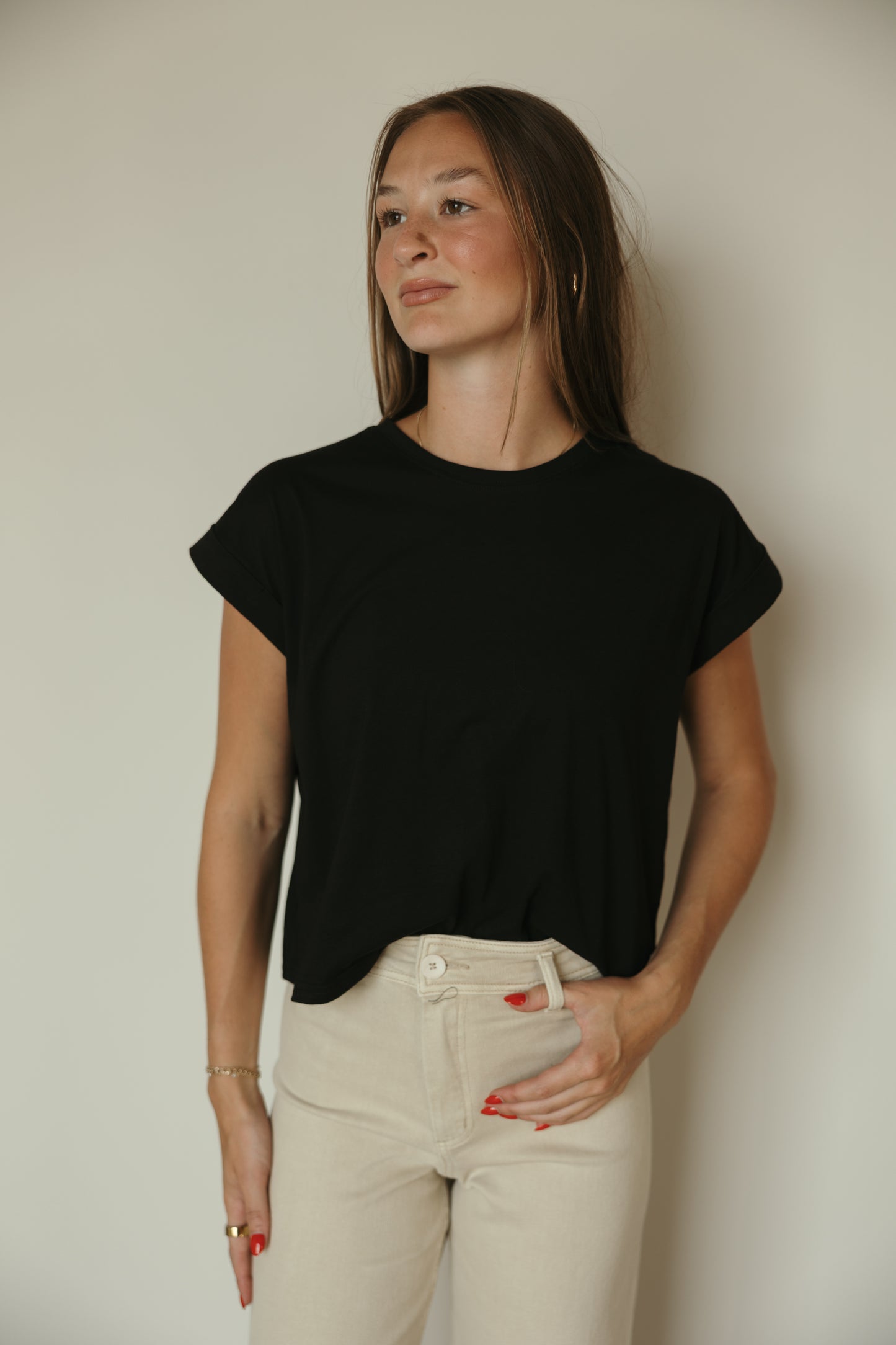 Round Neck Cuffed Basic Top