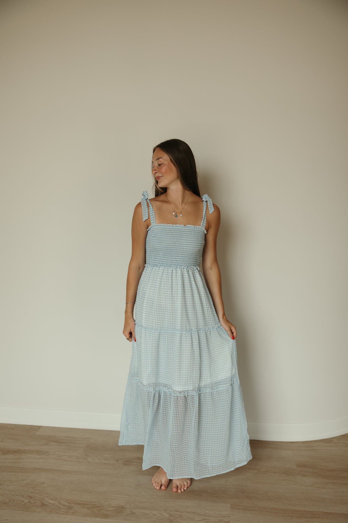 Blue Grid Chiffon Maxi Dress