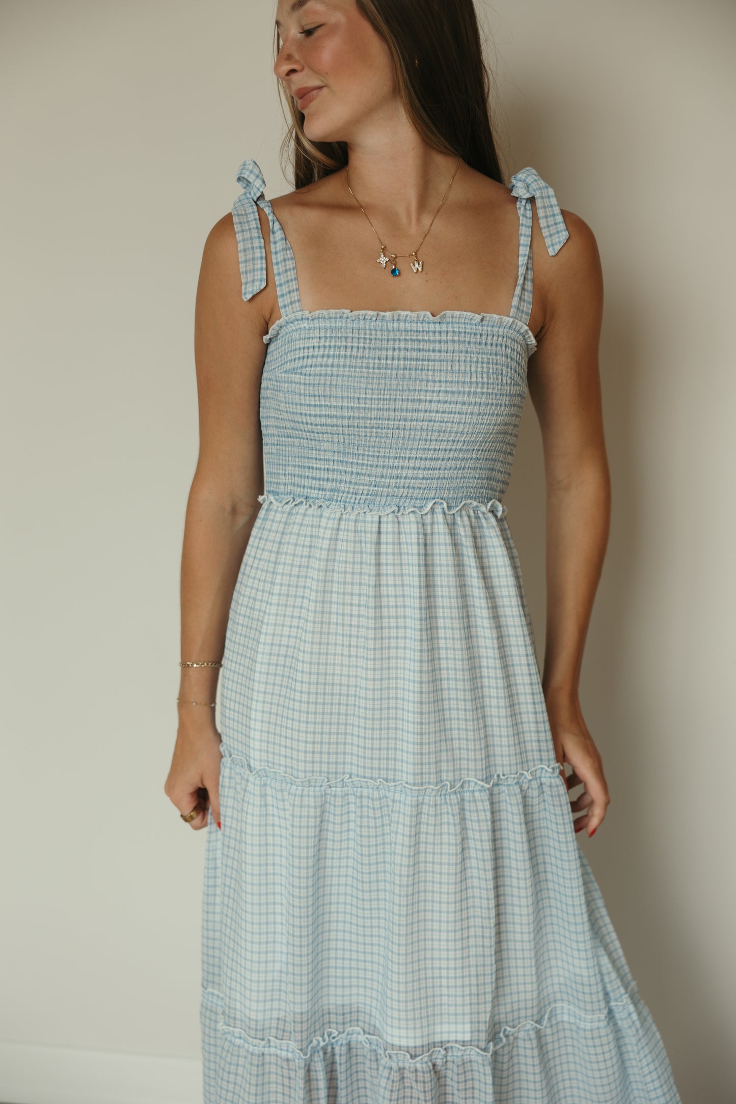 Blue Grid Chiffon Maxi Dress