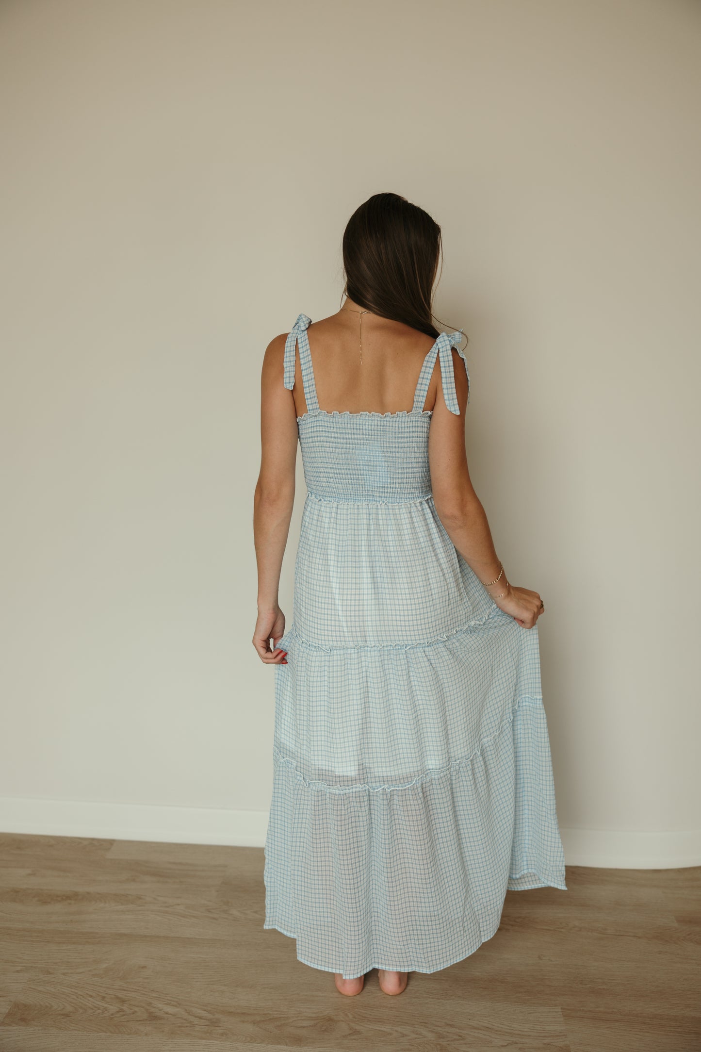 Blue Grid Chiffon Maxi Dress