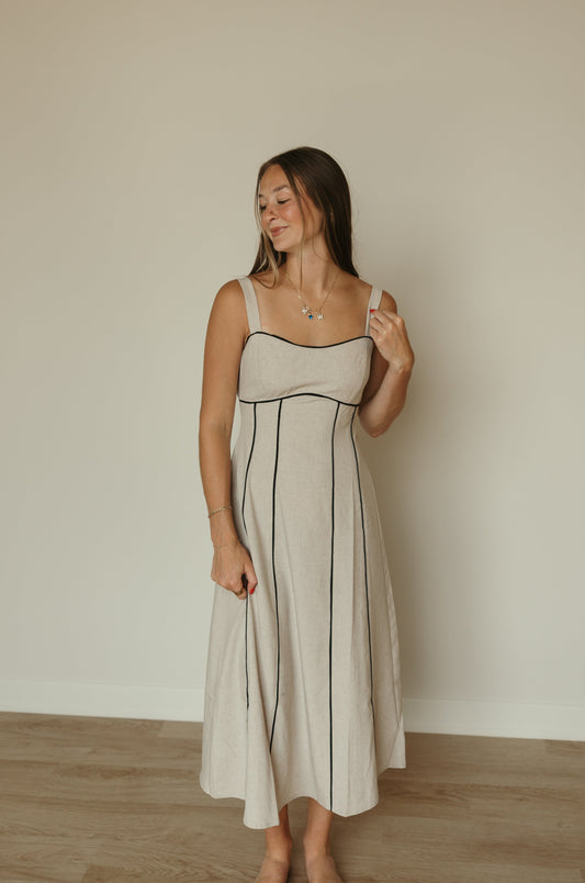 Black Trim Linen Midi Dress