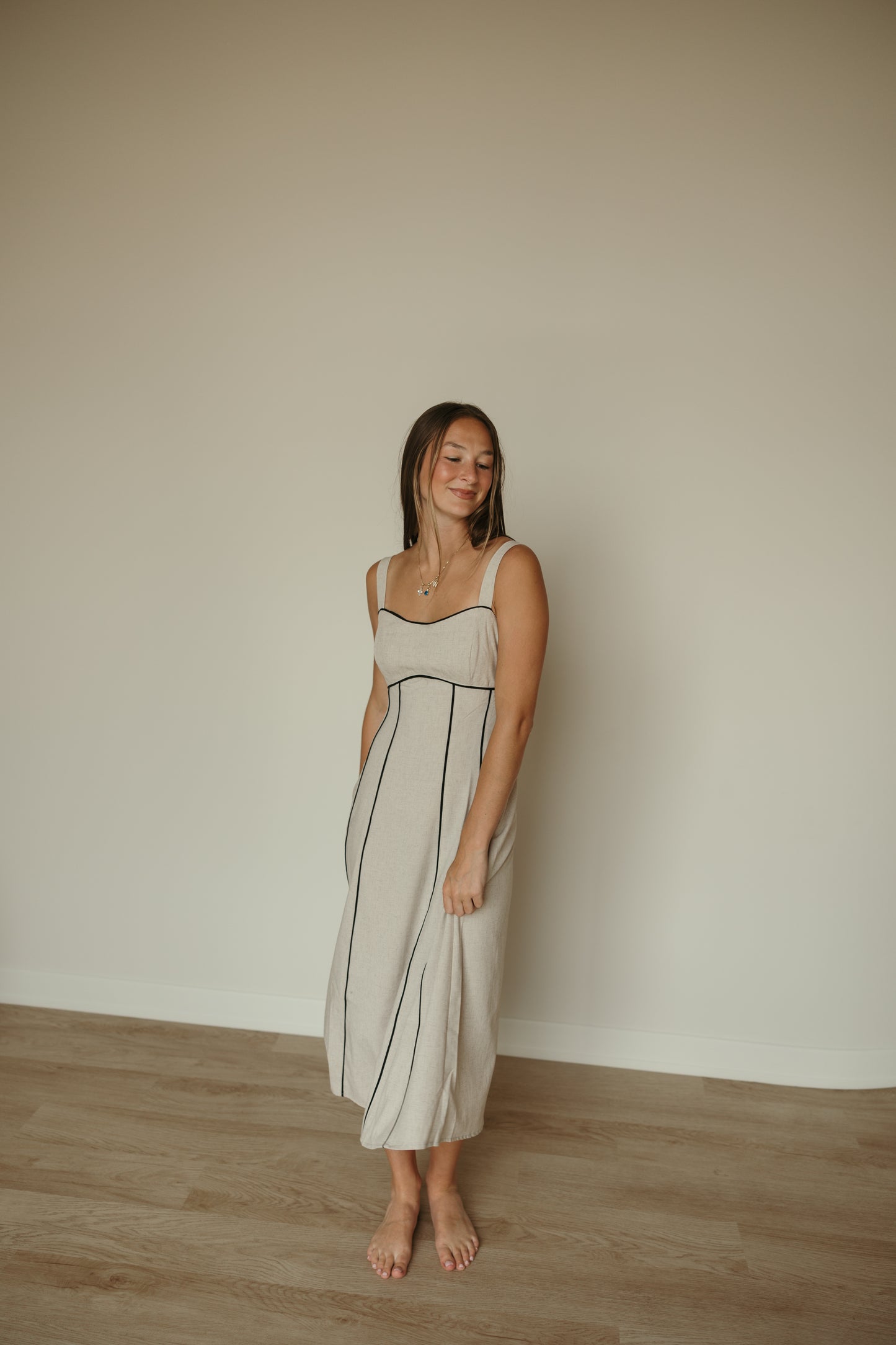 Black Trim Linen Midi Dress