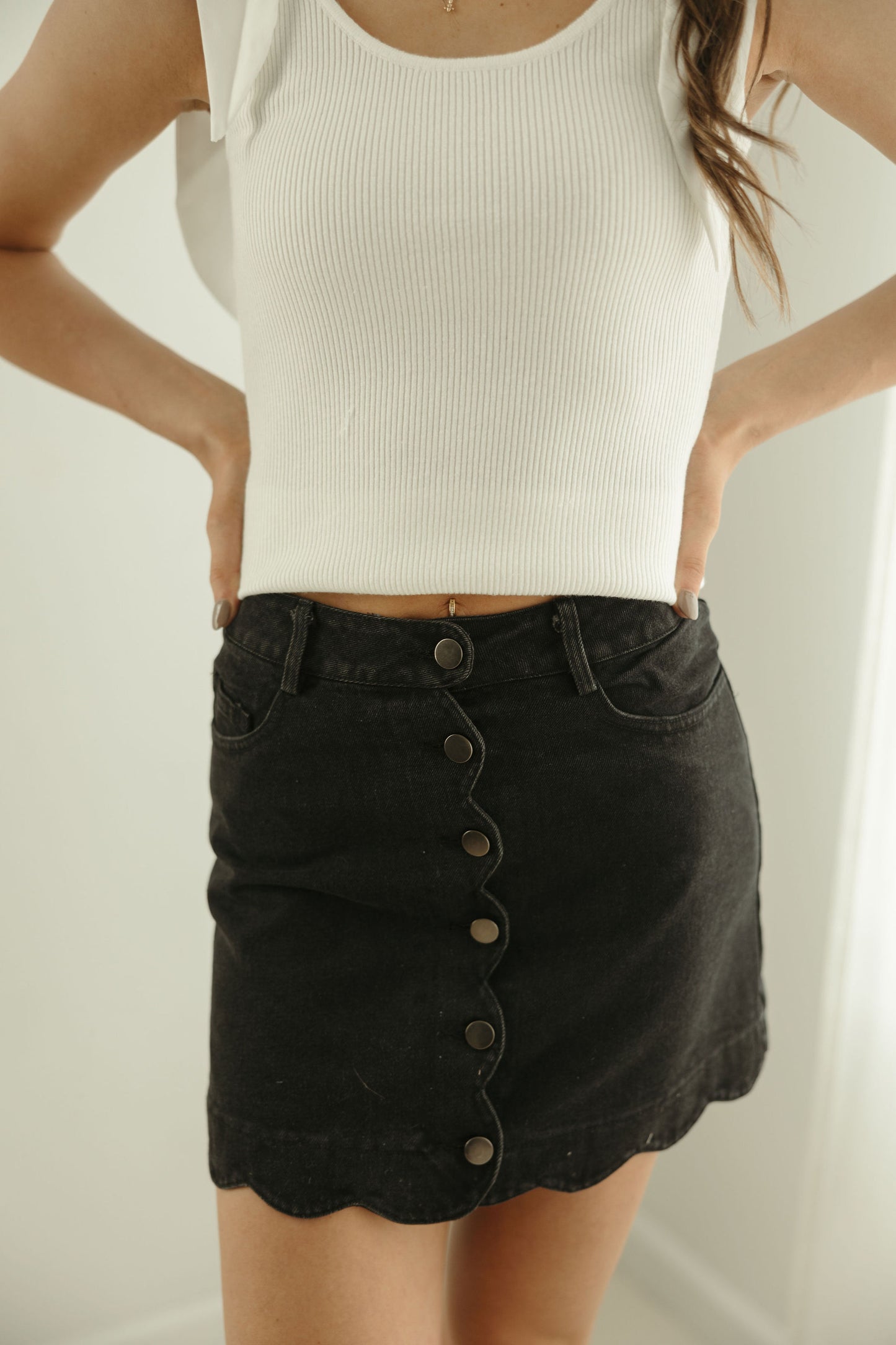Black Scalloped Denim Skirt
