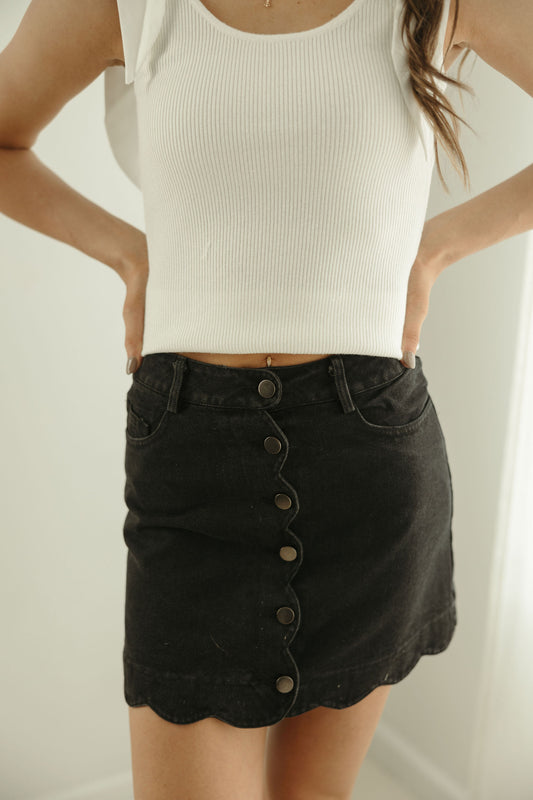 Black Scalloped Denim Skirt