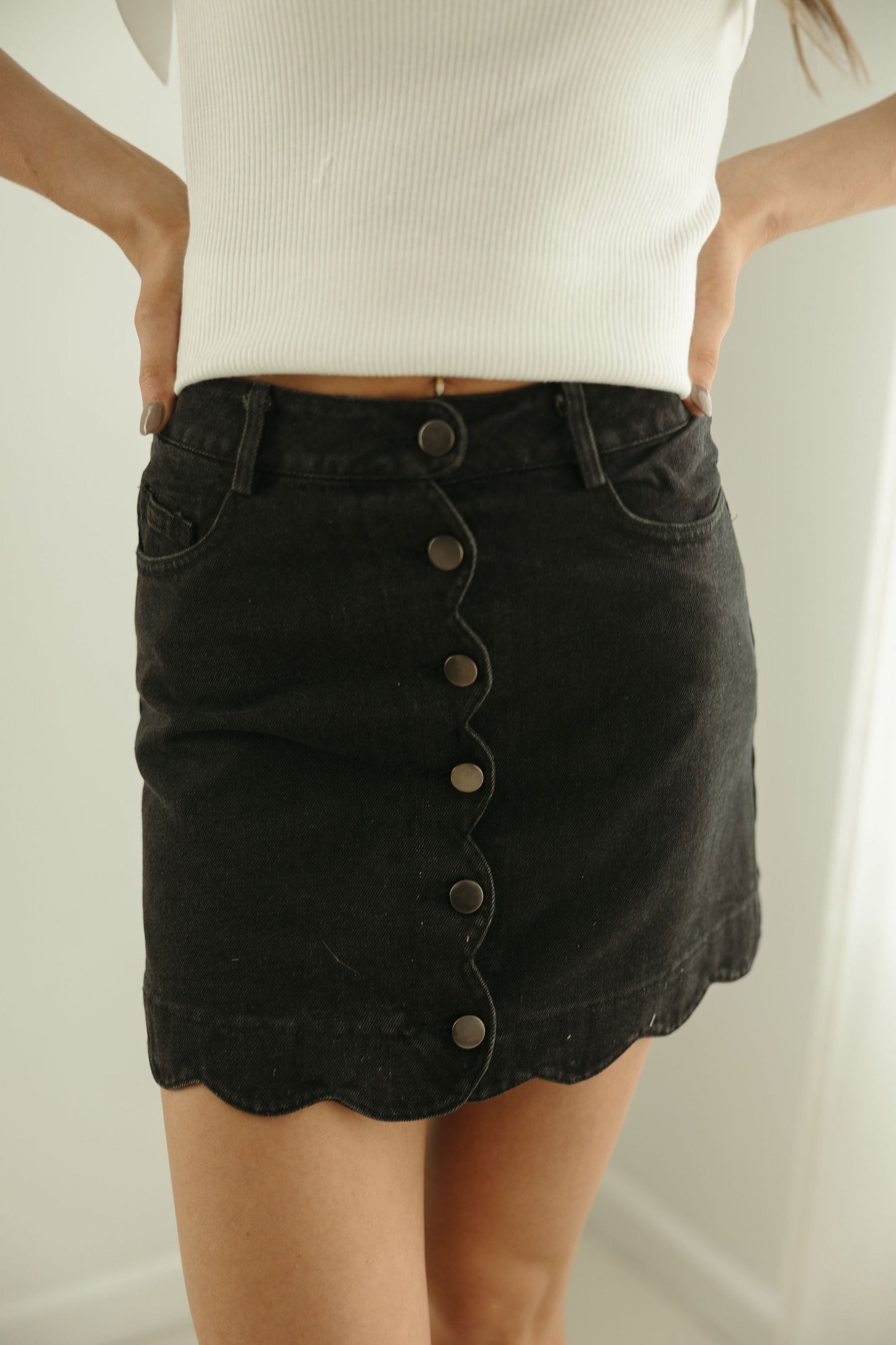 Black Scalloped Denim Skirt