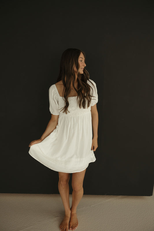 White Crochet Puff Sleeve Mini Dress
