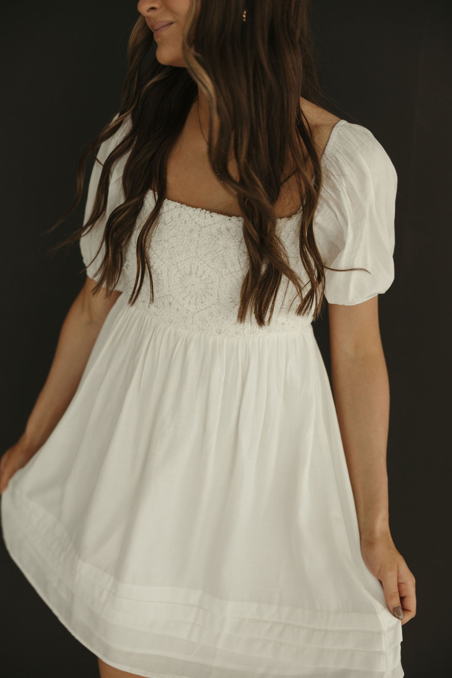 White Crochet Puff Sleeve Mini Dress